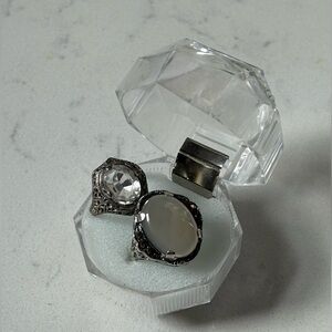 Antique Edwardian Sterling Moonstone & Quartz Cocktail Ring Set